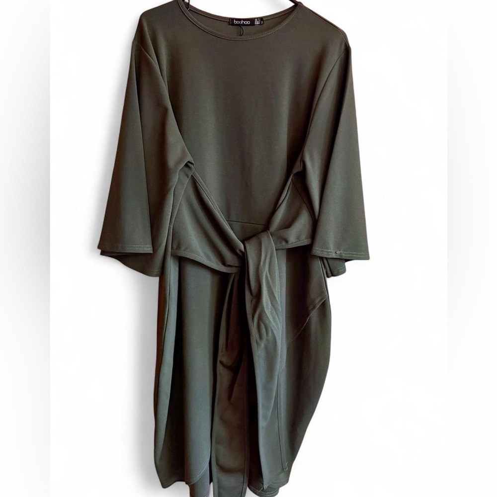 Plus Kimono Sleeve Khaki Tie Front Dress